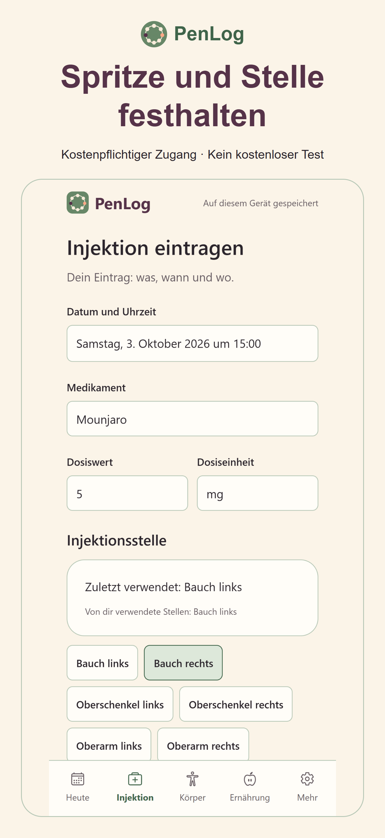 PenLog-Injektionsprotokoll und Injektionsstelle