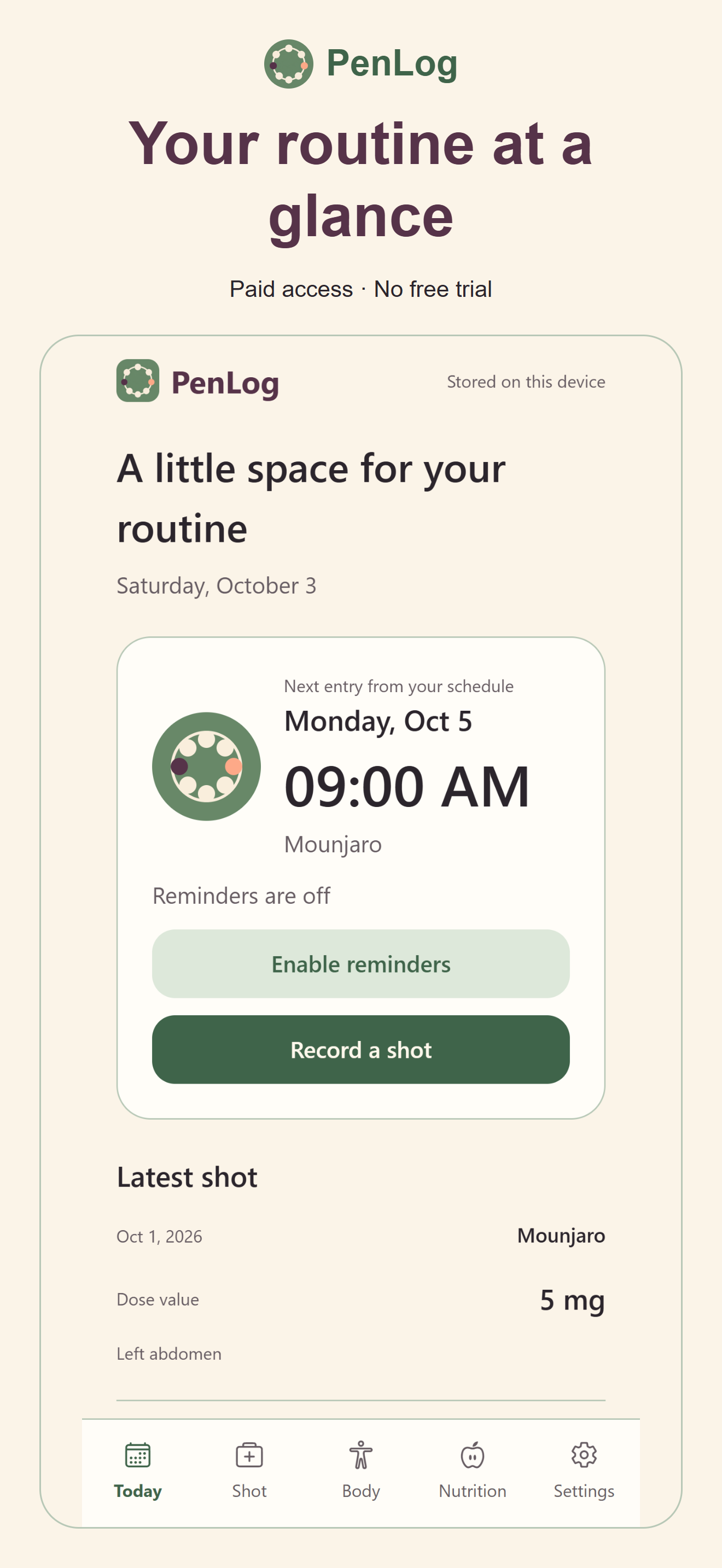 PenLog routine and reminder screen