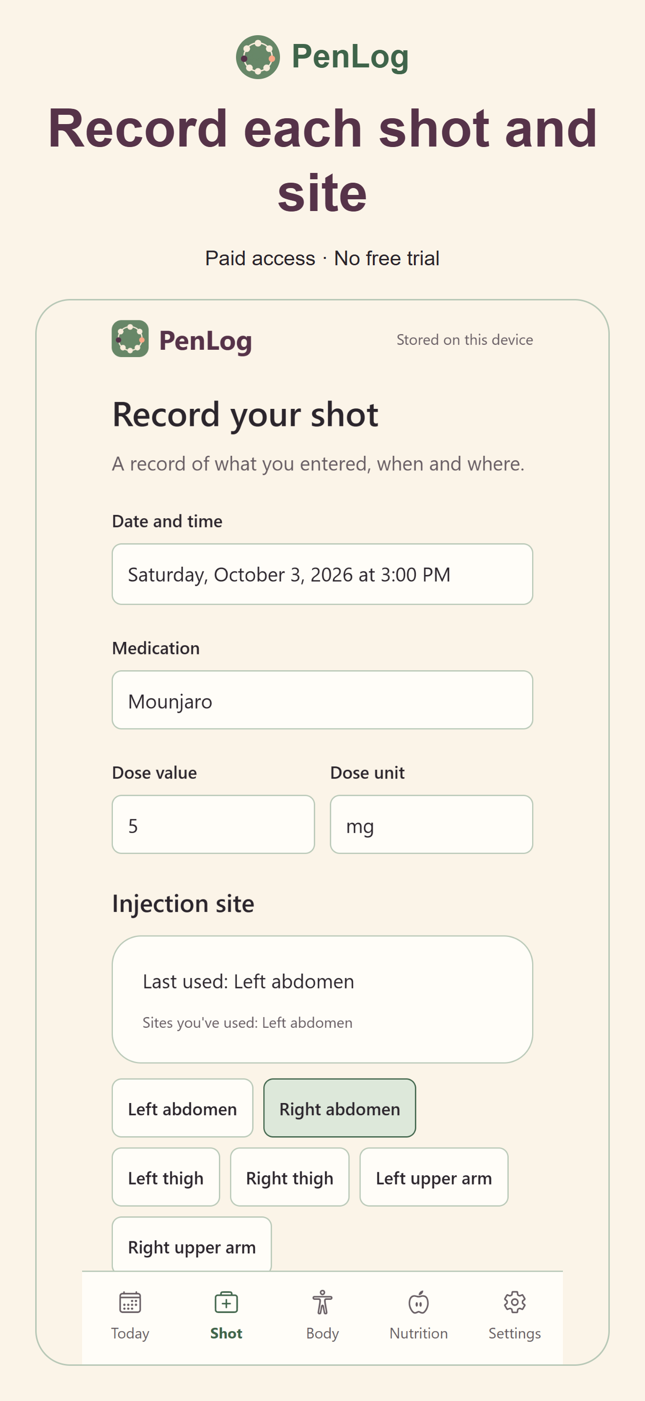 PenLog shot and injection-site log